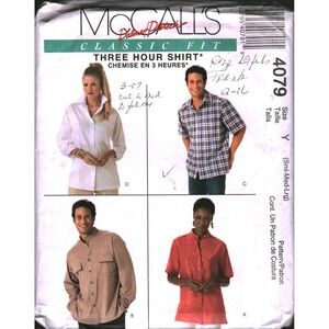McCalls 4079 Palmer Pletsch Three Hour Shirt Sewing Pattern Unisex Size S M